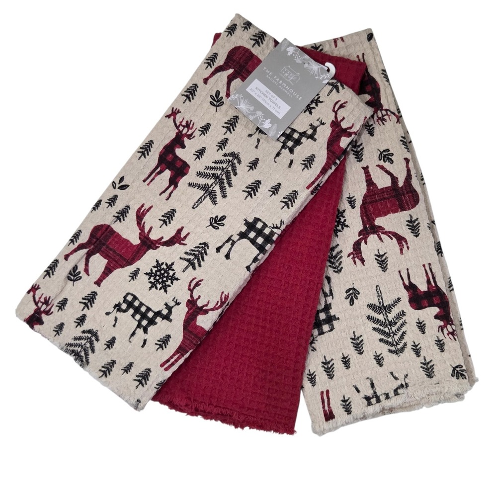The Farmhouse Rachel Ashwell Holiday Kitchen Towel Set of 3 Deer Winter Forest